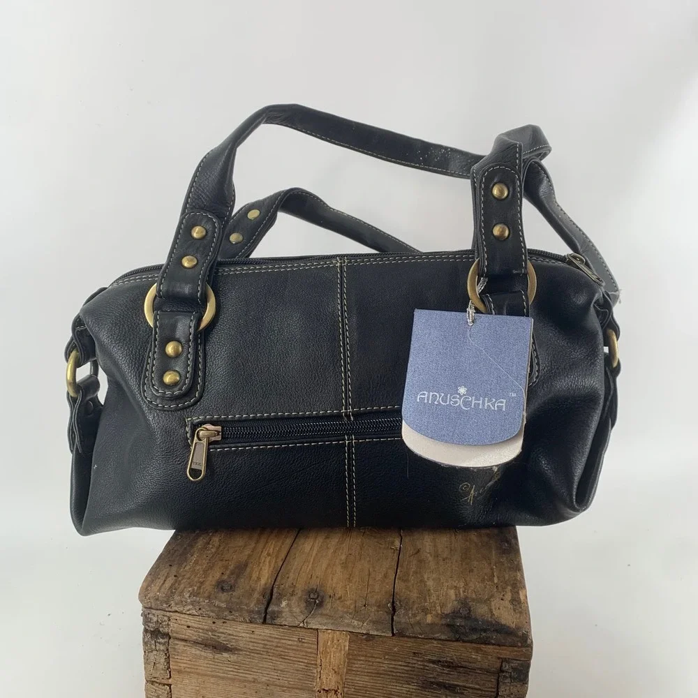 Anuschka Hand Painted Leather Butterfly Satchel Bag Black Floral NWT